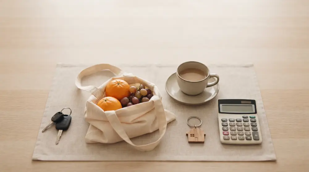 Groceries in a tote bag, a coffee, car keys, a house-shaped key ring and a calculator laid out on a table