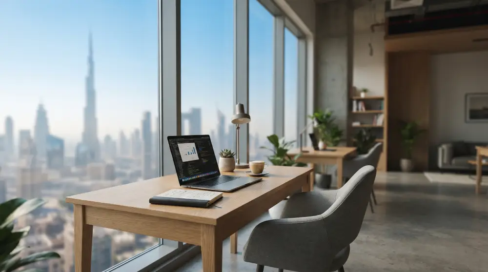 Laptop on a desk in a bright co-working space, with the Dubai skyline and Burj Khalifa through the window