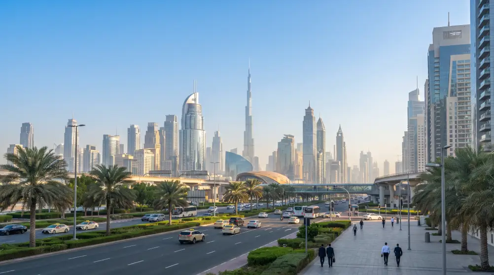 Dubai skyline with the Burj Khalifa, seen from a palm-lined main road