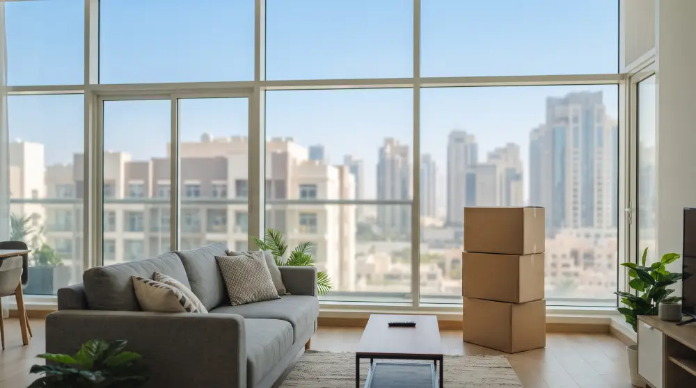 Furnished living room with moving boxes stacked by floor-to-ceiling windows overlooking Dubai apartment towers